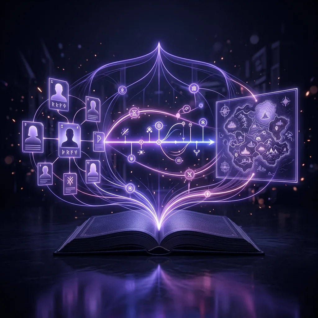 Illustrated diagram of an open story bible with character sheets, a timeline, and a location map, in a dark artistic style with violet accents