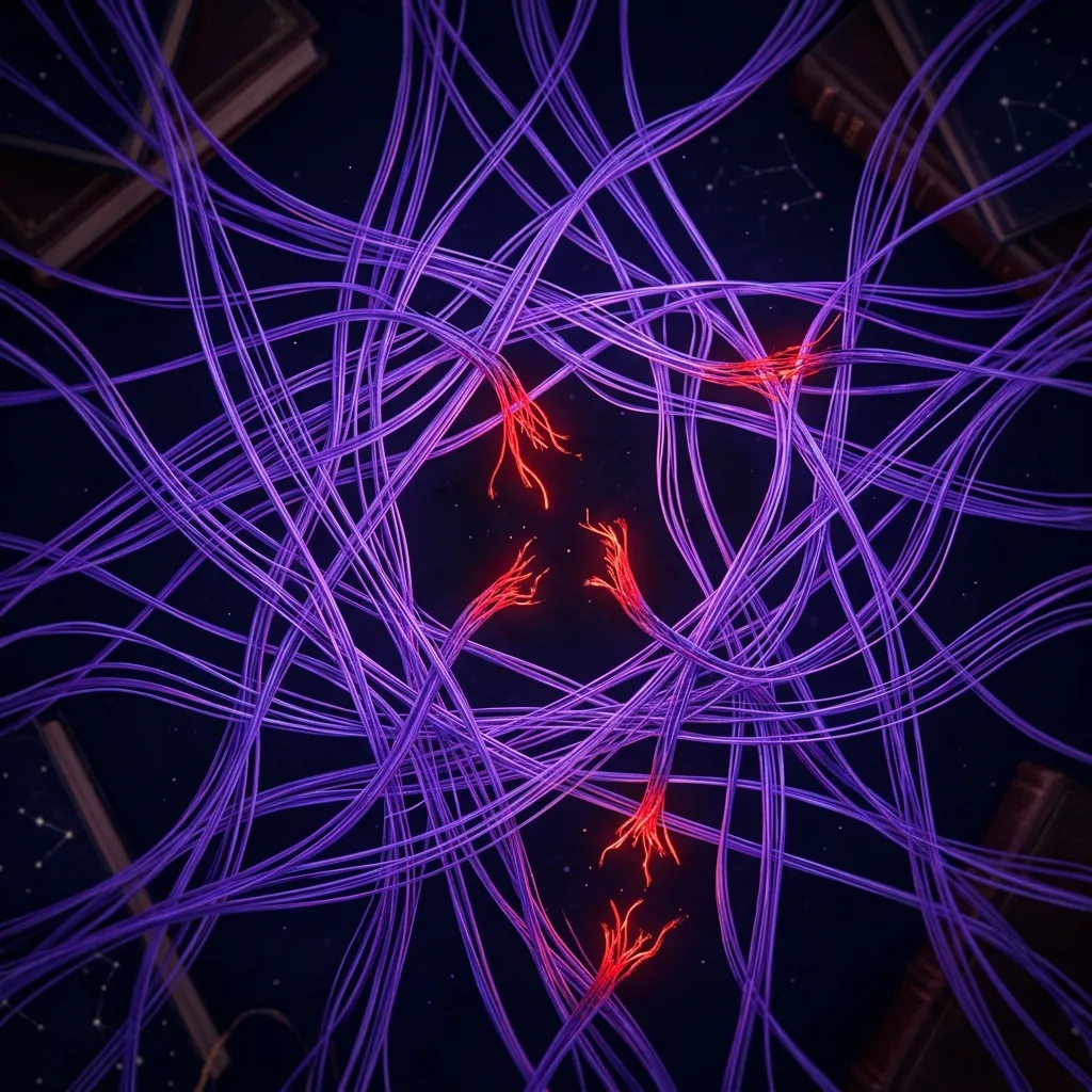 A network of interwoven narrative threads on a dark background with some broken threads symbolising plot holes in a long novel, in violet and red tones