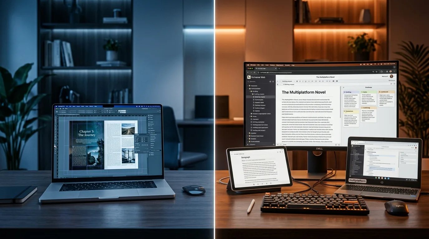 A visual comparison of Atticus and Vellum for formatting books, with Scriptum as a third option, on a dark violet background