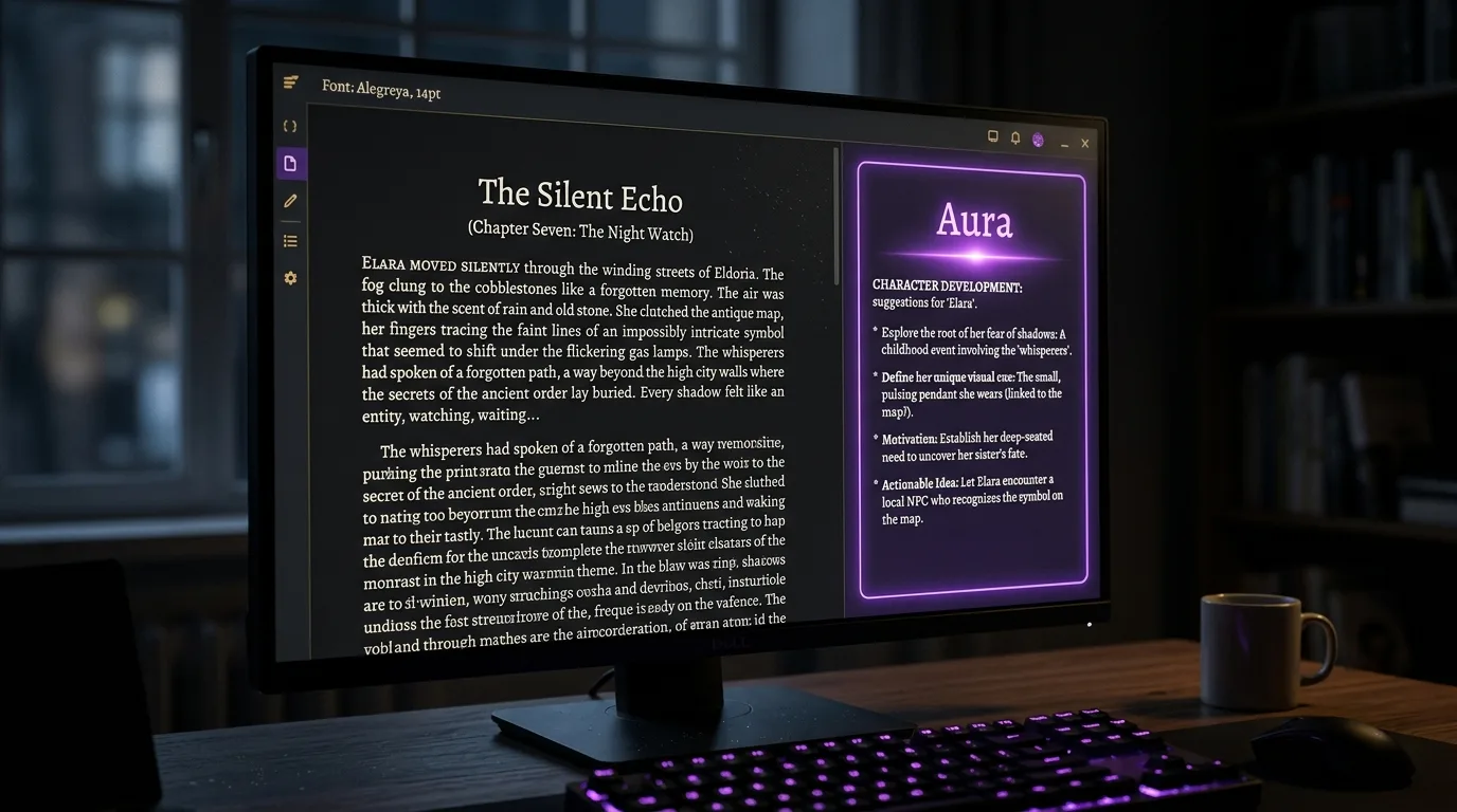 Scriptum combining the assistance of the Aura AI for writing with layout and export of the book to EPUB and PDF for Amazon KDP in the same app