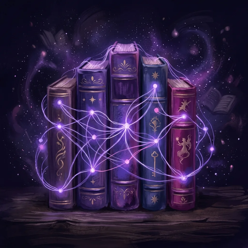 Plusieurs tomes d'une même saga reliés par un réseau de fils violets qui connectent personnages, dates et lieux communs, symbolisant la cohérence maintenue d'un volume à l'autre