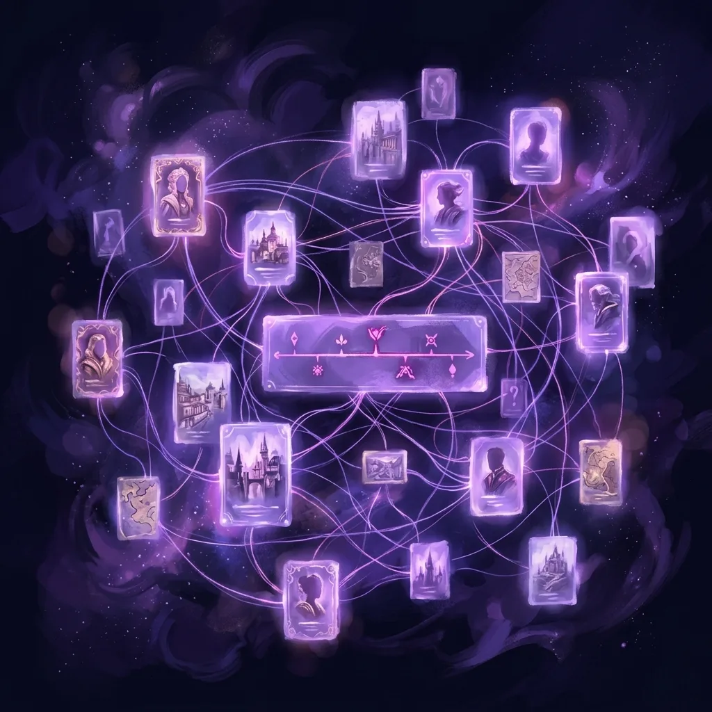 Un ensemble de fiches connectées d'une Bible de l'univers : personnages, lieux et une ligne temporelle, organisés comme un wiki interne illuminé en violet