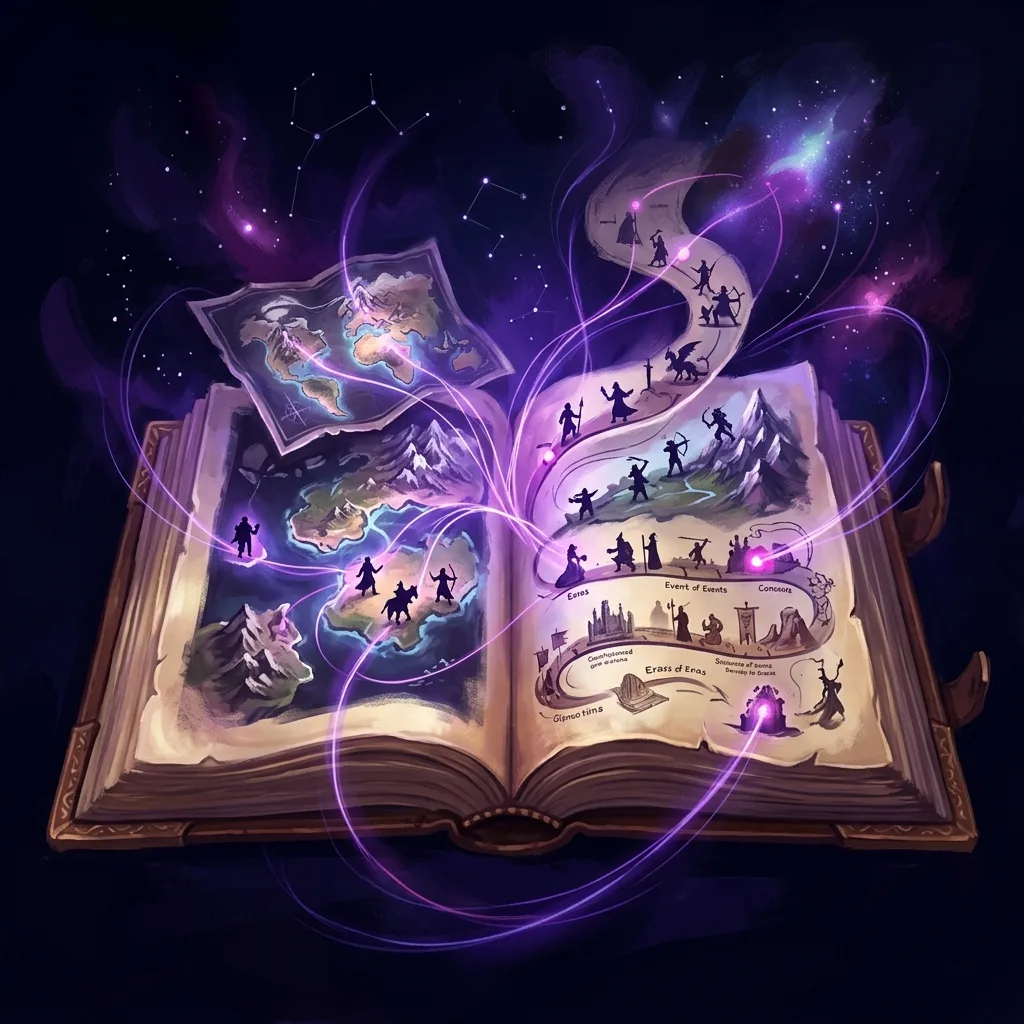 Un vieux livre ouvert d'où émerge un monde de fiction — cartes, personnages et lignes temporelles — relié par des fils de lumière violette sur un fond nocturne