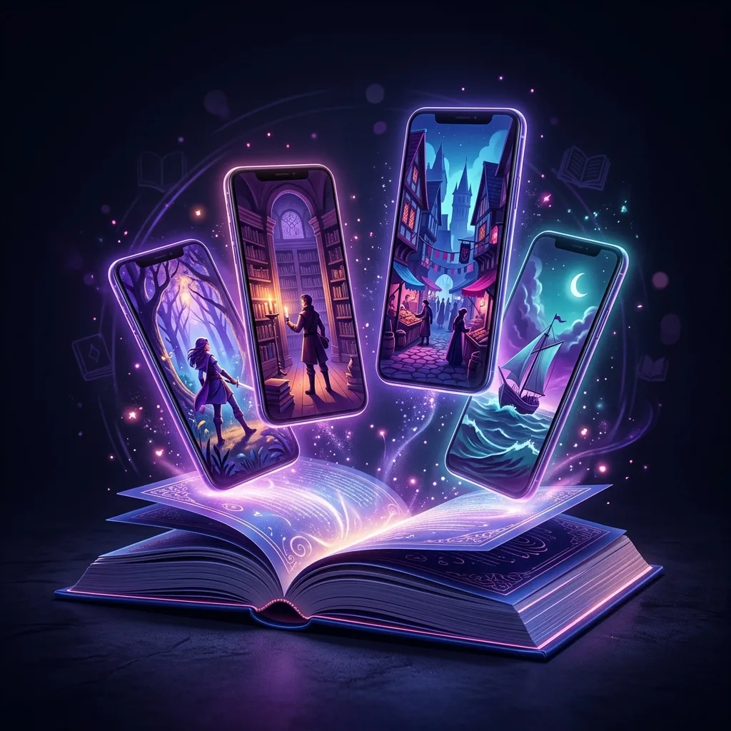 BookTok per autori: un libro aperto da cui escono scene in formato video verticale su sfondo viola