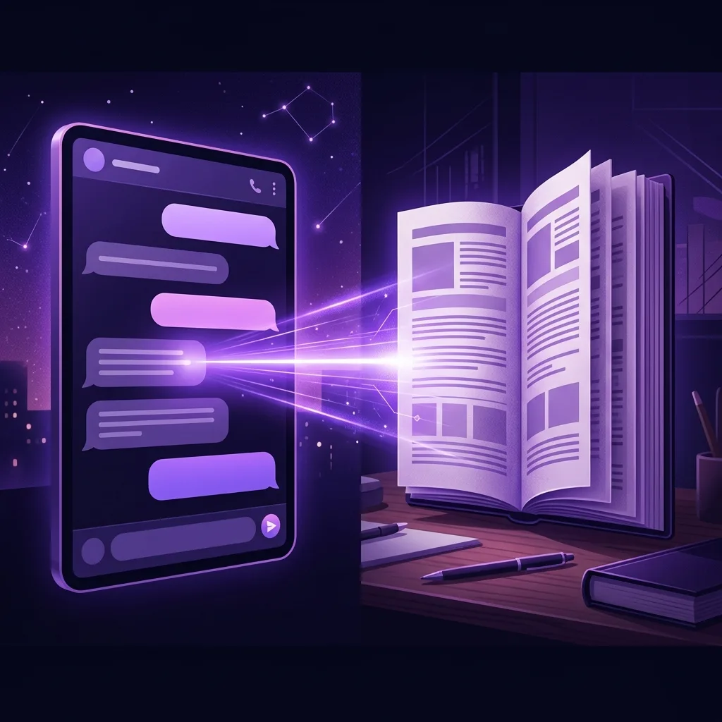 Konzeptionelle Illustration eines generischen Chat-Gesprächs gegenüber einem Romanmanuskript, mit einem violetten Lichtstrahl, der die Seiten auf dunklem Nachthintergrund verbindet