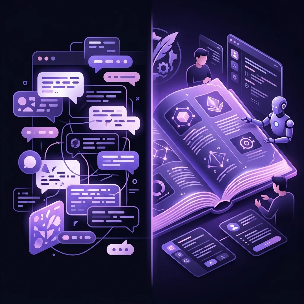 Illustration einer KI, die den Kontext des Romans kennt: Figuren, Planung und bisherige Kapitel, verbunden durch ein violettes Licht