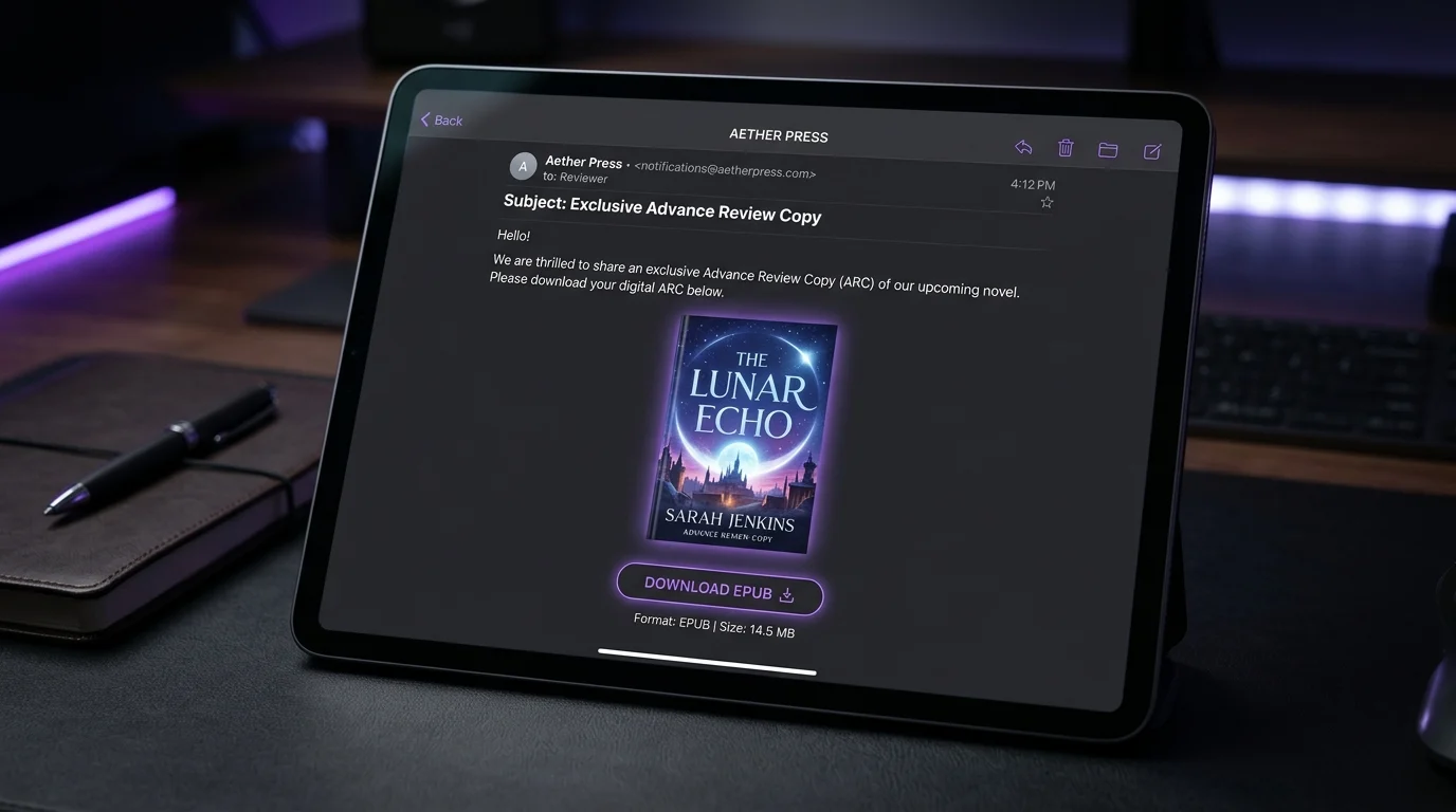 Einladungs-E-Mail an einen ARC-Leser mit einer Schaltfläche zum Herunterladen der Vorabkopie des Romans im EPUB-Format.