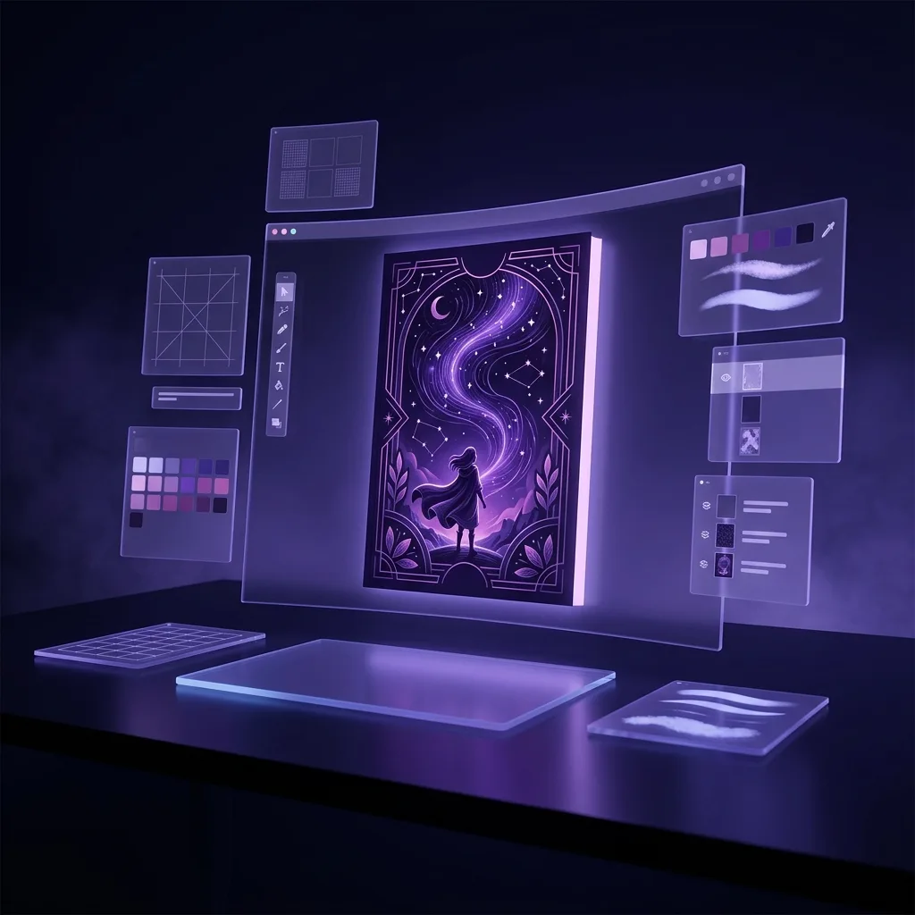 Una copertina di romanzo professionale che prende forma su un tavolo da design, con titolo, immagine e tipografia in armonia