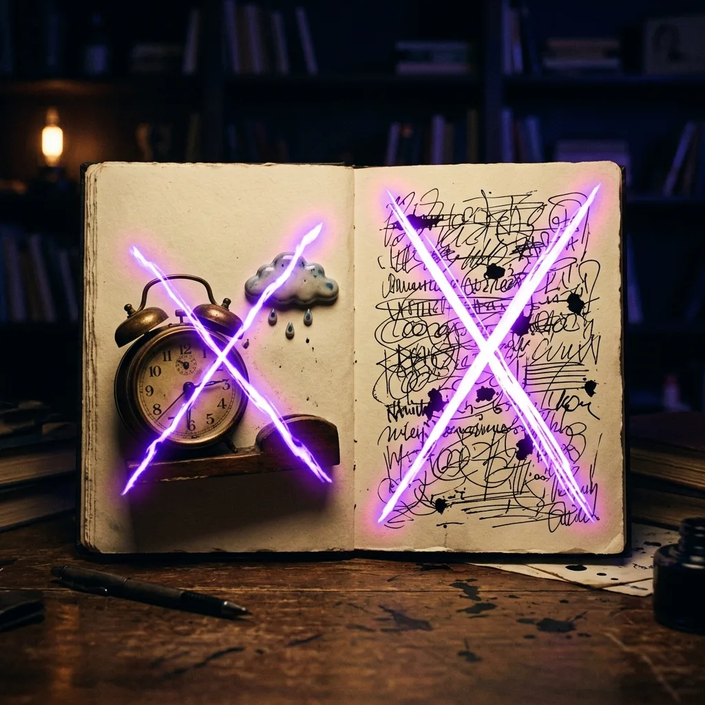 Ilustración de los arranques de novela que fallan: un despertador, una nube de lluvia y un bloque de texto denso, tachados con un trazo de luz violeta sobre fondo oscuro