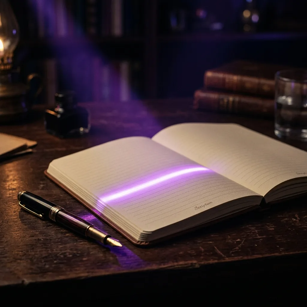 Una página en blanco con la primera línea iluminada por un haz de luz violeta, junto a una pluma, simbolizando el arranque de una novela sobre un fondo en penumbra