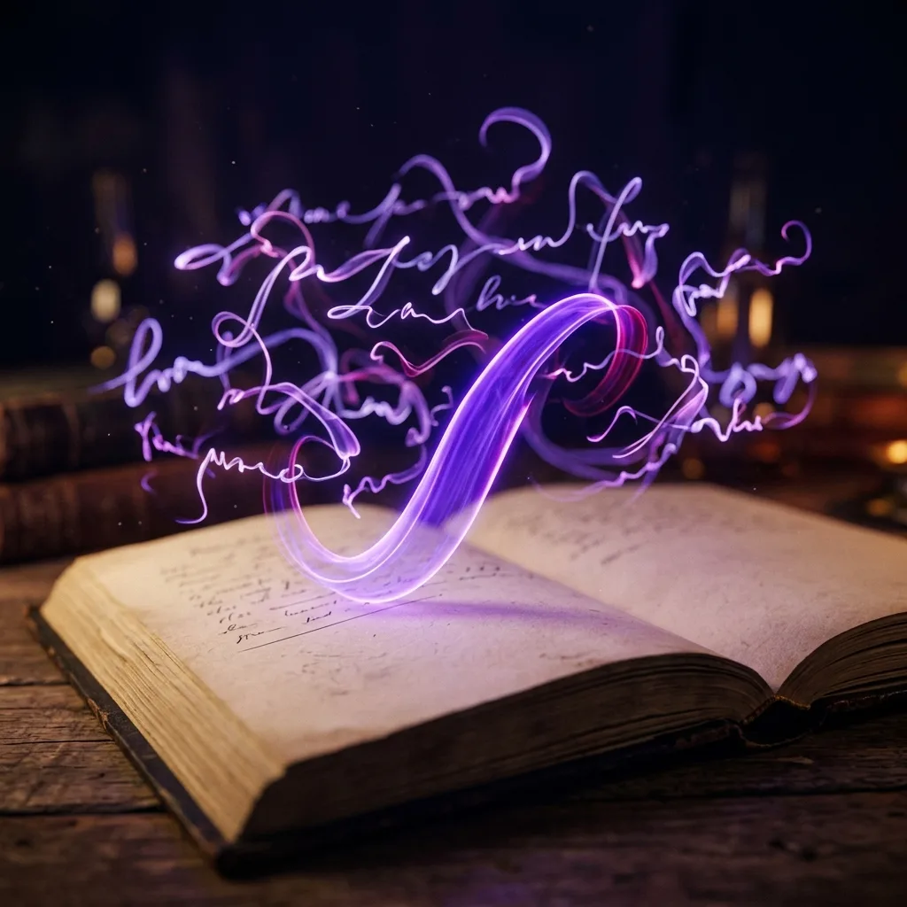 Ilustración de varias primeras frases de novela flotando sobre una página, con una de ellas iluminada como el gancho que engancha al lector, en tonos violeta