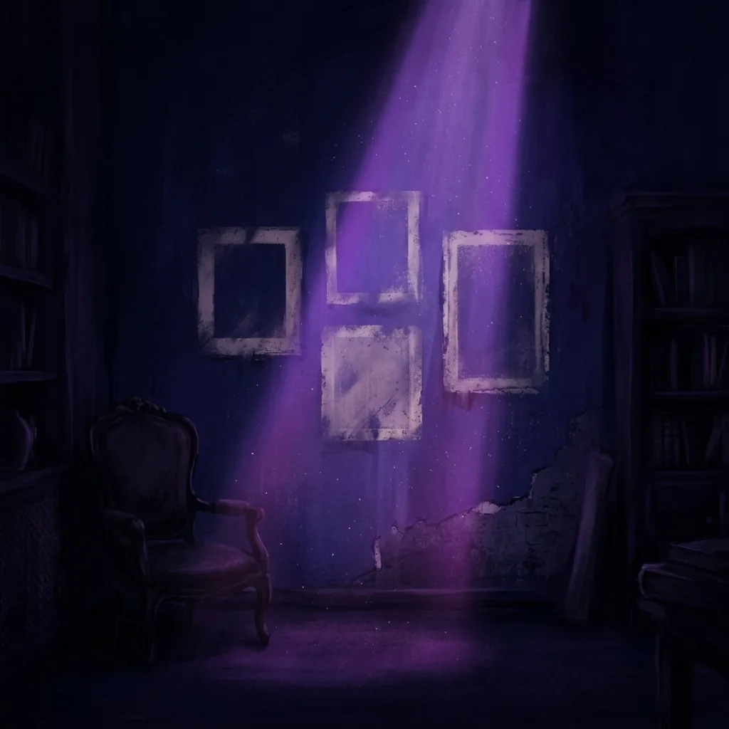 Illustration of a dim room with a single detail lit in violet — the pale marks of paintings no longer on the wall — hinting at a story