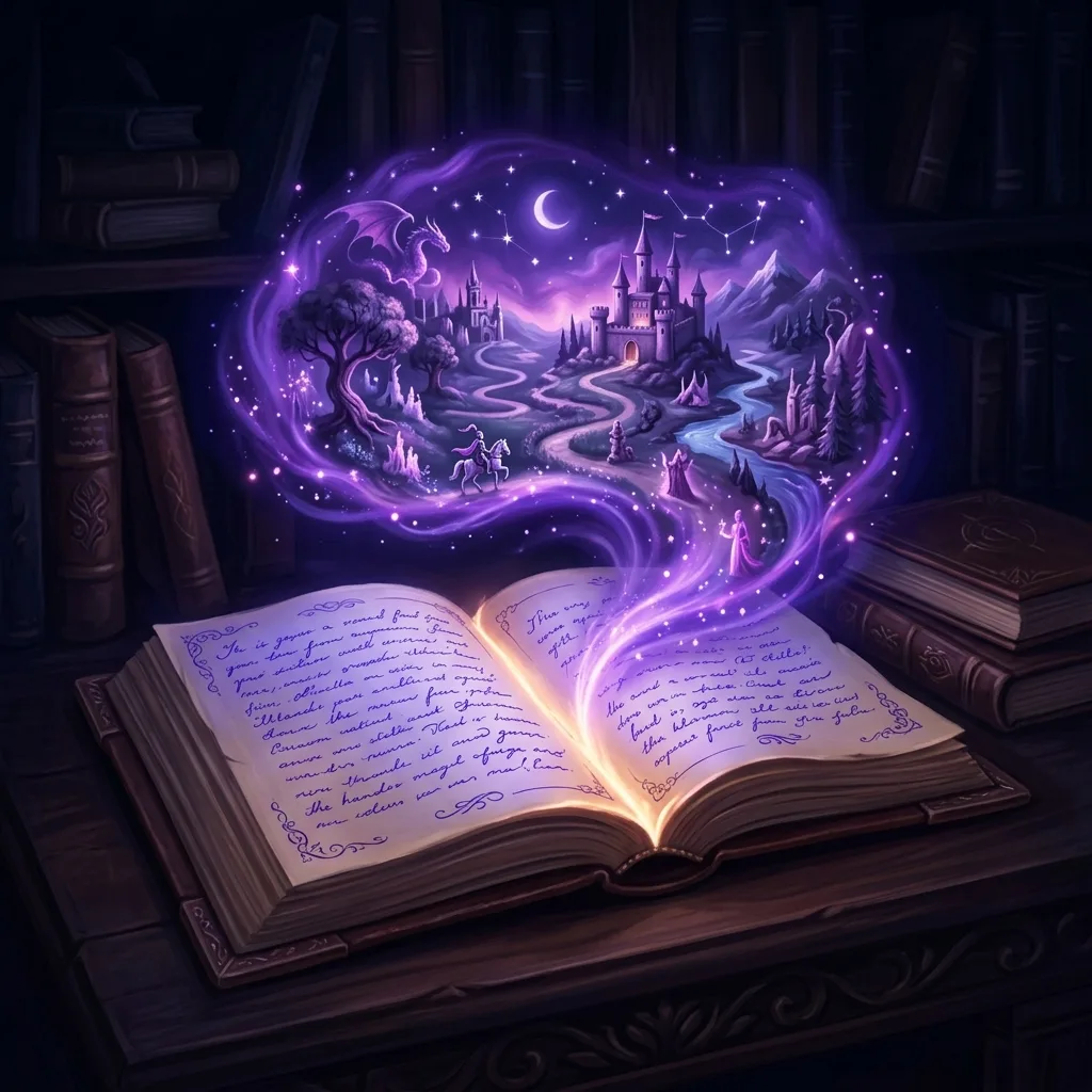 A described scene coming to life above the lines of a manuscript, with details lit by a violet light against a shadowed background