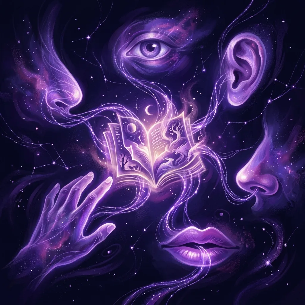 Illustration of the five senses rendered as threads of violet light converging on a novel scene: an eye, an ear, a nose, a hand, and a pair of lips