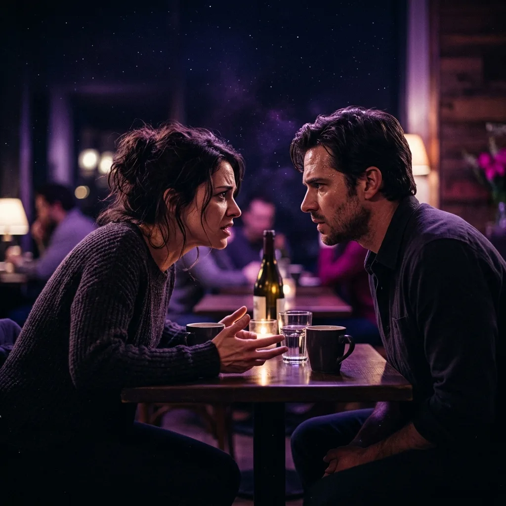 Dos personajes manteniendo una conversación intensa y cargada de subtexto en un café de noche