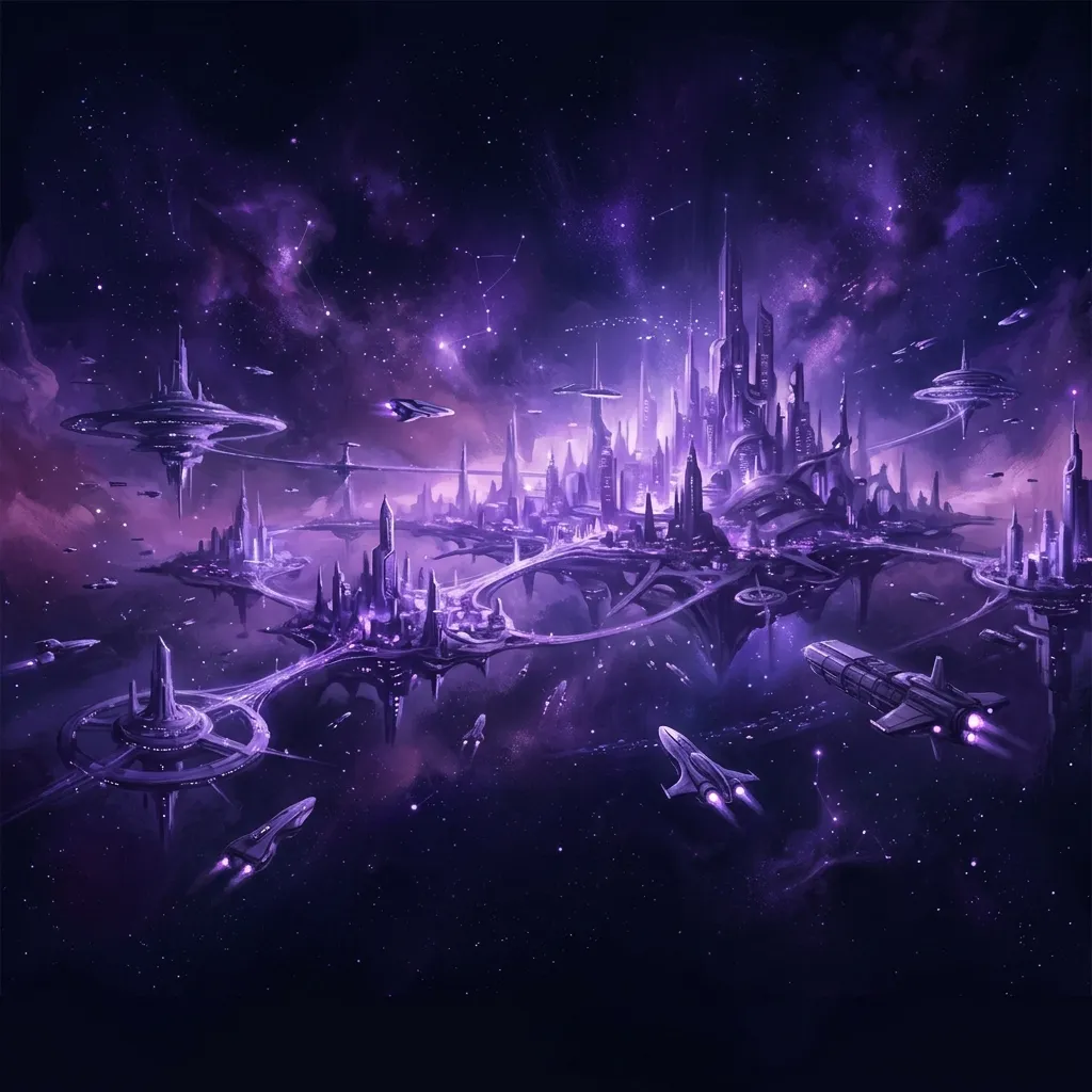 Vista panorámica de una ciudad galáctica futurista bañada en luz violeta cósmica, con naves espaciales y estructuras orbitales suspendidas entre estrellas