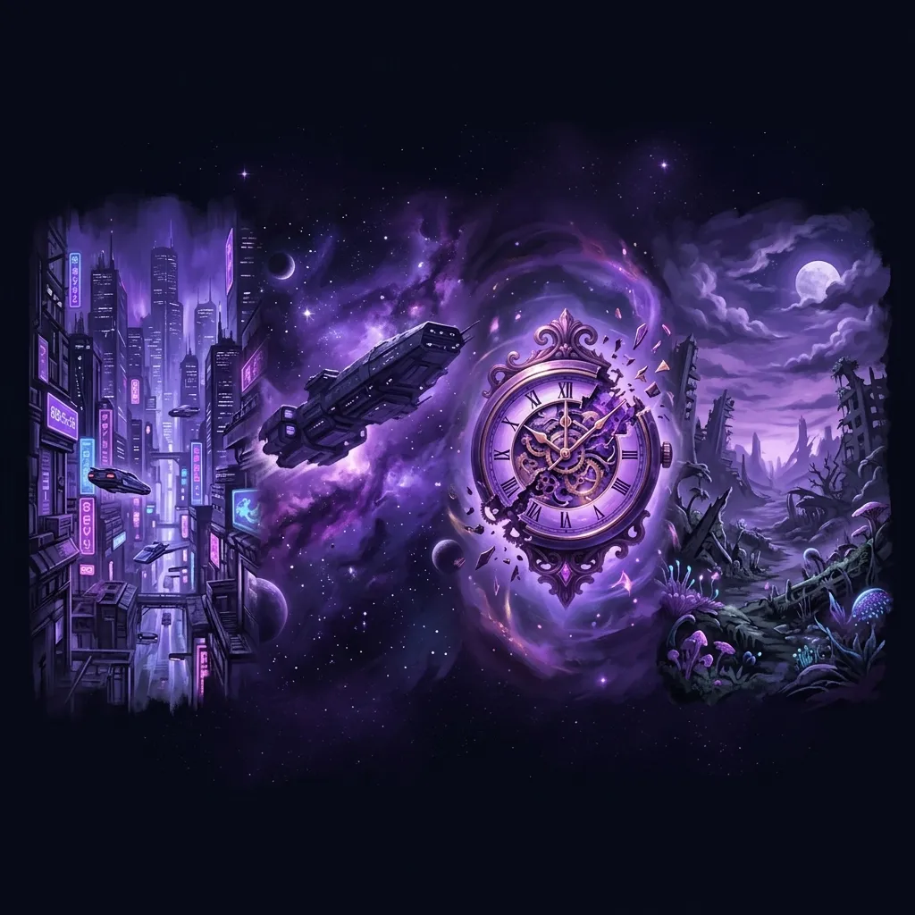 Collage conceptual de subgéneros de ciencia ficción: una ciudad cyberpunk, una nave espacial en el cosmos, un reloj de tiempo alterado y una biosfera postapocalíptica, todo bañado en luz violeta
