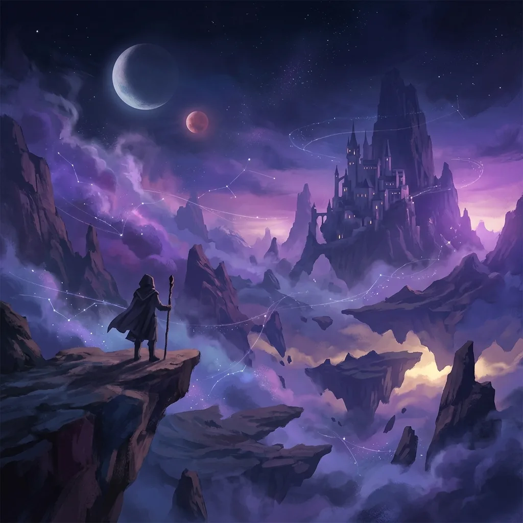 Un mago encapuchado contempla desde un precipicio un castillo oscuro entre montañas flotantes y un cielo estrellado con dos lunas