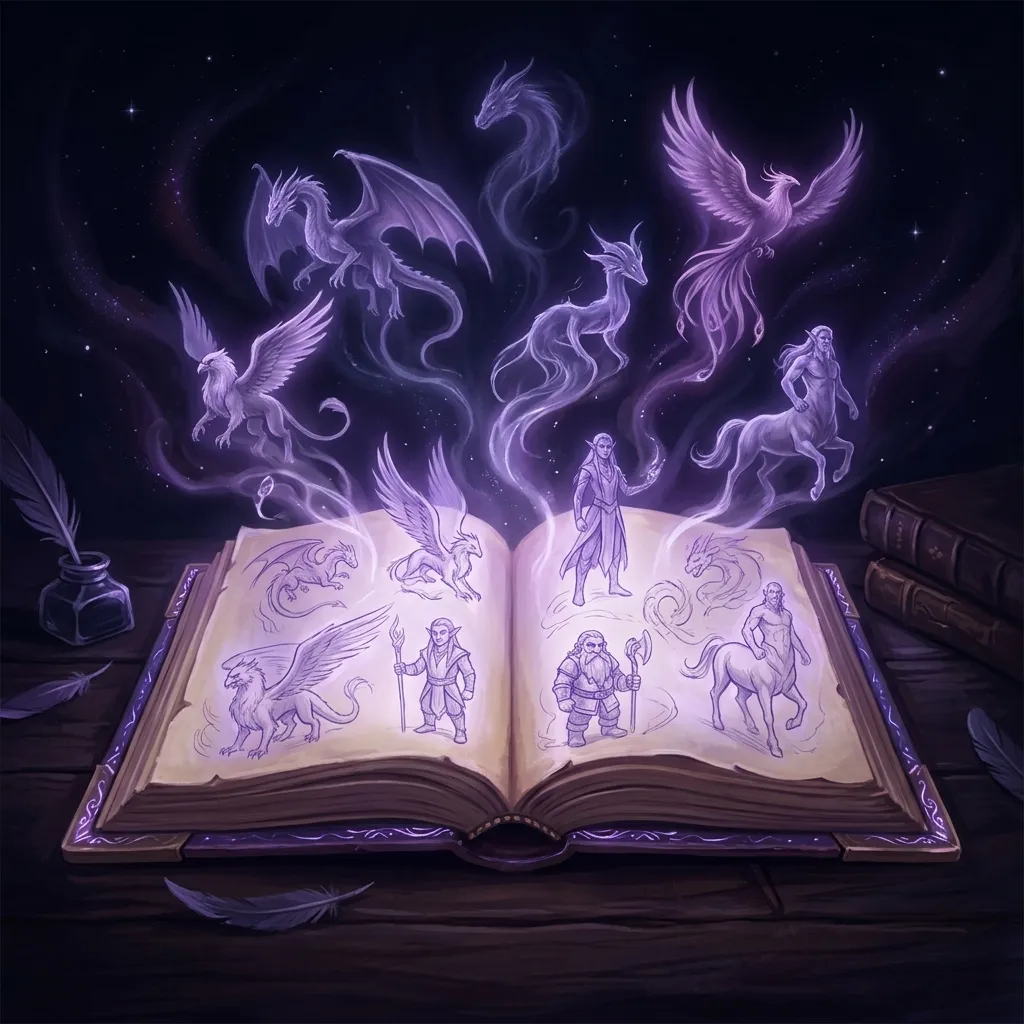 Un libro mágico abierto del que emergen criaturas de fantasía: dragones, un fénix, un grifo, un centauro y un elfo, en humo violeta