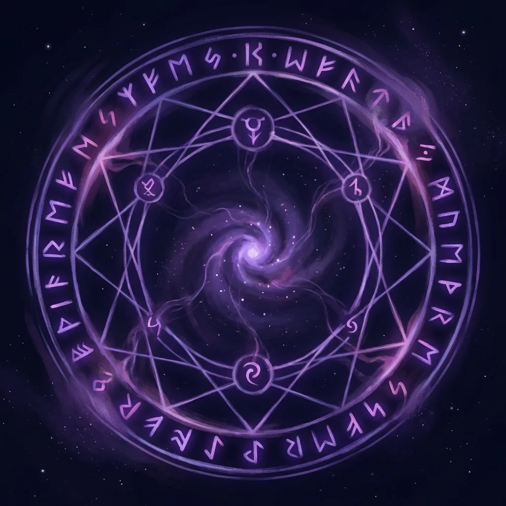 Círculo de magia con runas y símbolos brillantes en tonos violeta sobre un fondo estrellado oscuro, representando las leyes de un sistema mágico estructurado