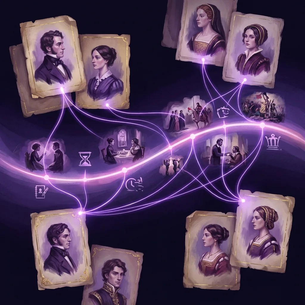 Ilustración de la coherencia en la novela histórica: fichas de personajes de época y una línea temporal que cruza la trama de ficción con los hechos históricos reales, conectadas por hilos de luz violeta