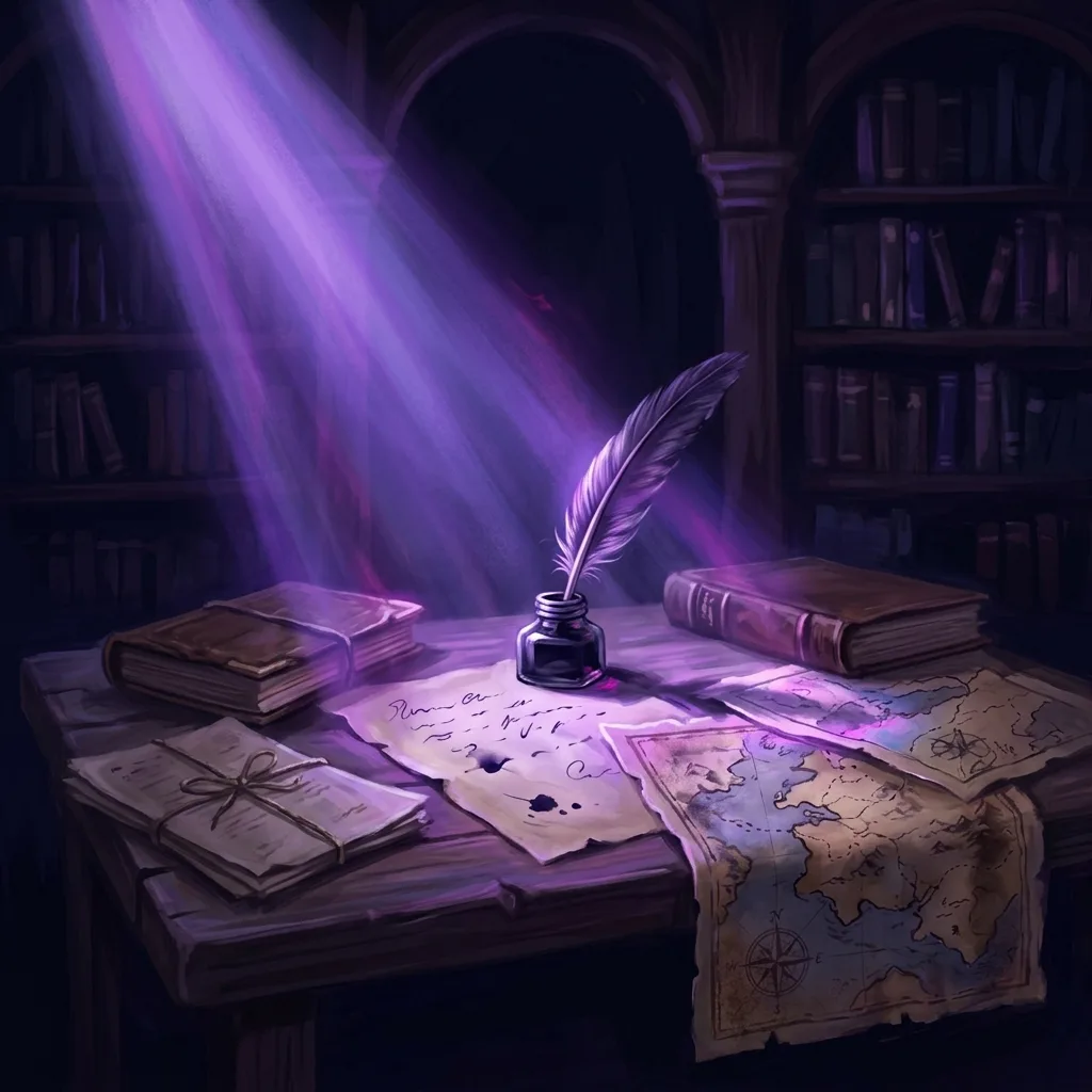 Ilustración conceptual de la novela histórica: un escritorio con pluma, mapas y documentos antiguos iluminados por un haz de luz violeta sobre un fondo en penumbra