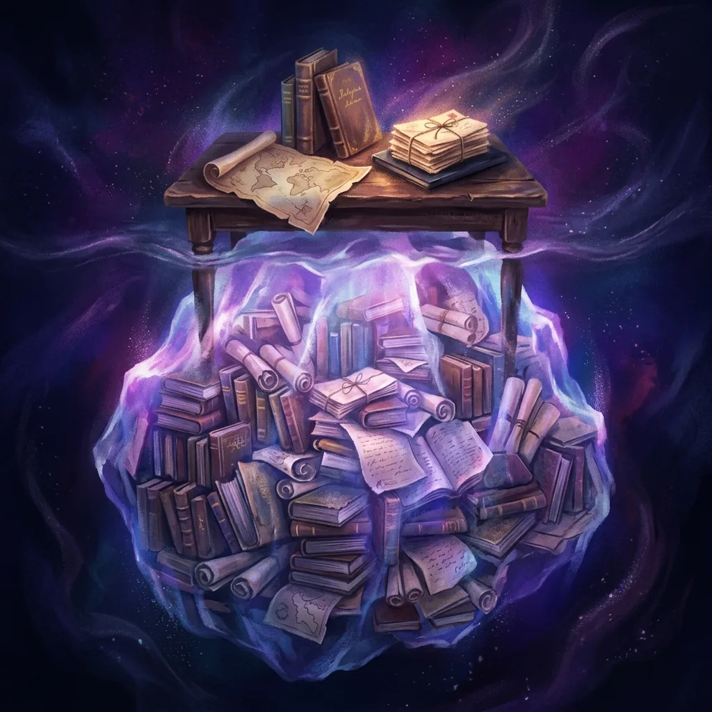 Ilustración del proceso de documentación de una novela histórica: mapas, cartas y libros antiguos sobre una mesa, con la mayor parte del conocimiento sumergido como un iceberg bajo la superficie