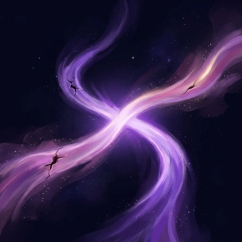 Dos arcos luminosos violeta y rosa que se cruzan en el espacio estrellado, simbolizando los trayectos emocionales entrelazados de los dos protagonistas