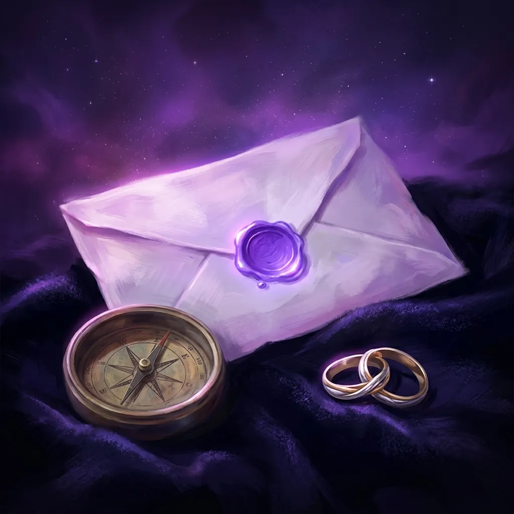 Una carta de amor lacrada con un sello de cera violeta, una brújula antigua y dos anillos de boda dorados sobre terciopelo oscuro