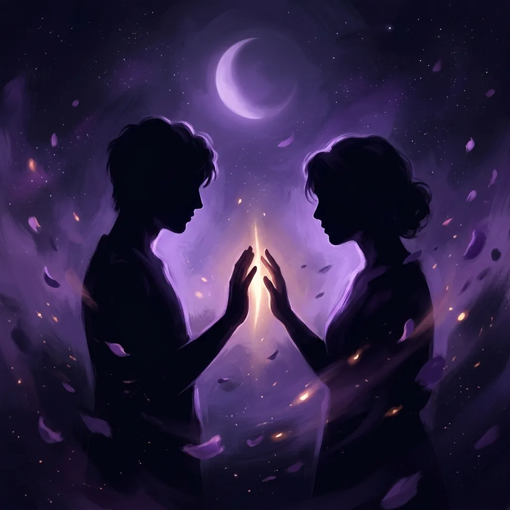 Dos siluetas enfrentadas unidas por una luz cálida bajo una luna creciente, rodeadas de pétalos en un cielo violeta oscuro