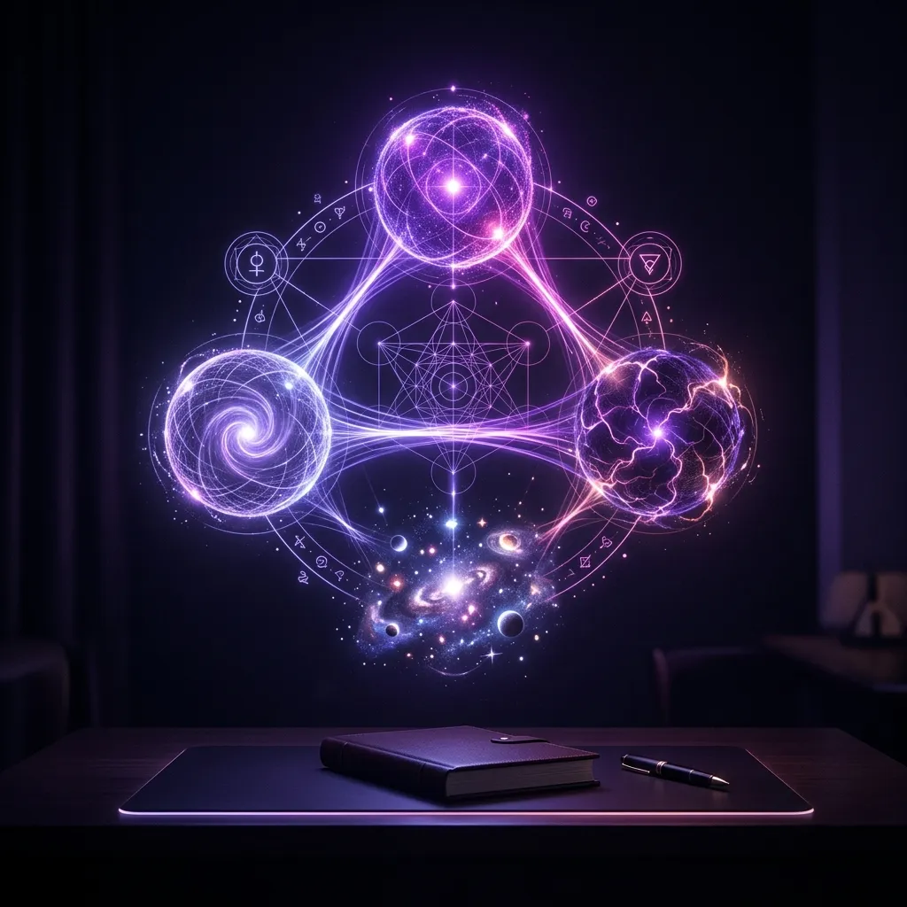 Holograma de tres esferas de luz conectadas por hilos de energía sobre el escritorio de un escritor, que simboliza los hilos de la trama de una novela entrelazados