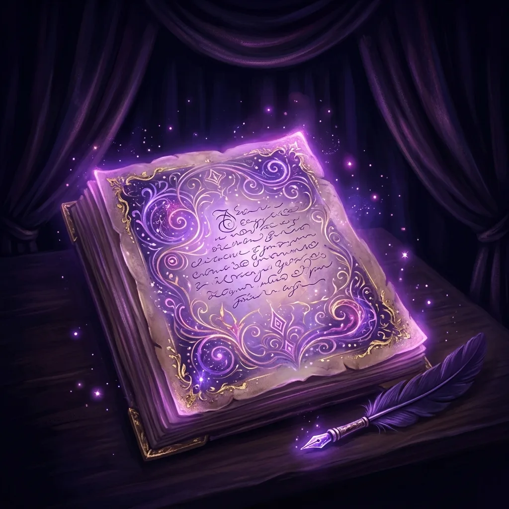 La última página de un manuscrito iluminada por una luz violeta, con un telón que cae suavemente al fondo en penumbra