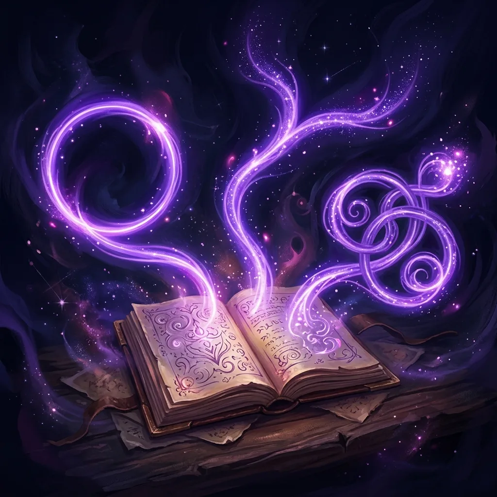Ilustración de varios caminos de luz violeta que salen de un mismo manuscrito hacia finales distintos: uno se cierra en un círculo, otro se bifurca abierto, otro gira sobre sí mismo