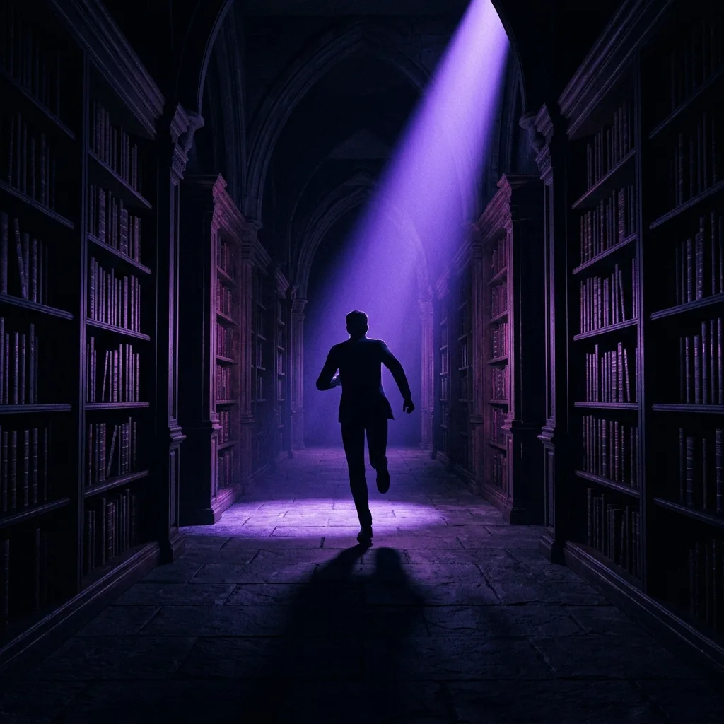 Conceptual thriller illustration: a figure running down a shadowy corridor with a violet beam of light marking the tension against a dark nighttime backdrop