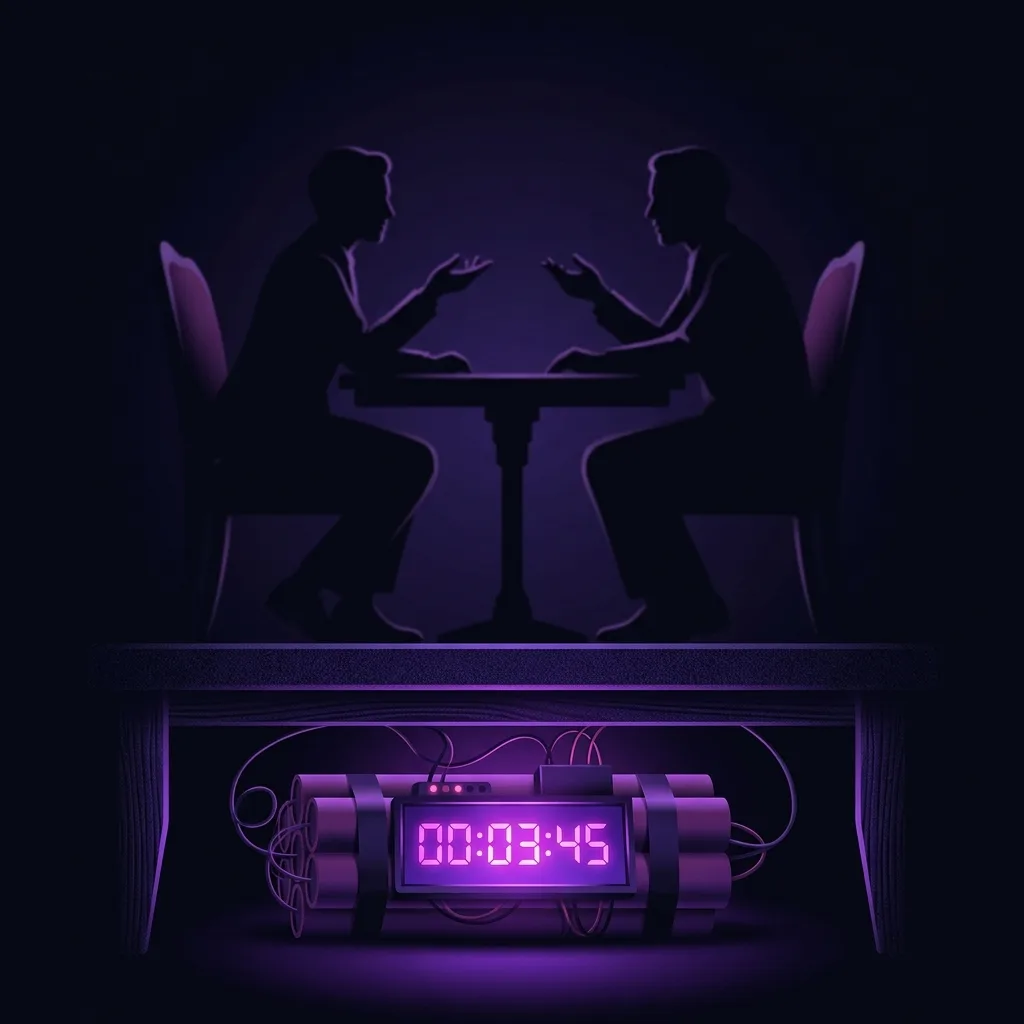 Illustration of the ingredients of tension in a thriller: a ticking bomb under a table while two figures converse, oblivious to the danger