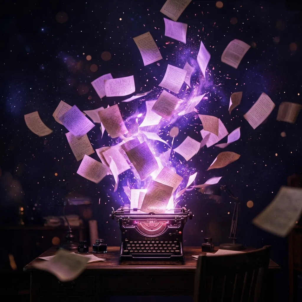 Una máquina de escribir de la que salen volando decenas de páginas manuscritas entre chispas de luz violeta, sobre el escritorio de un escritor