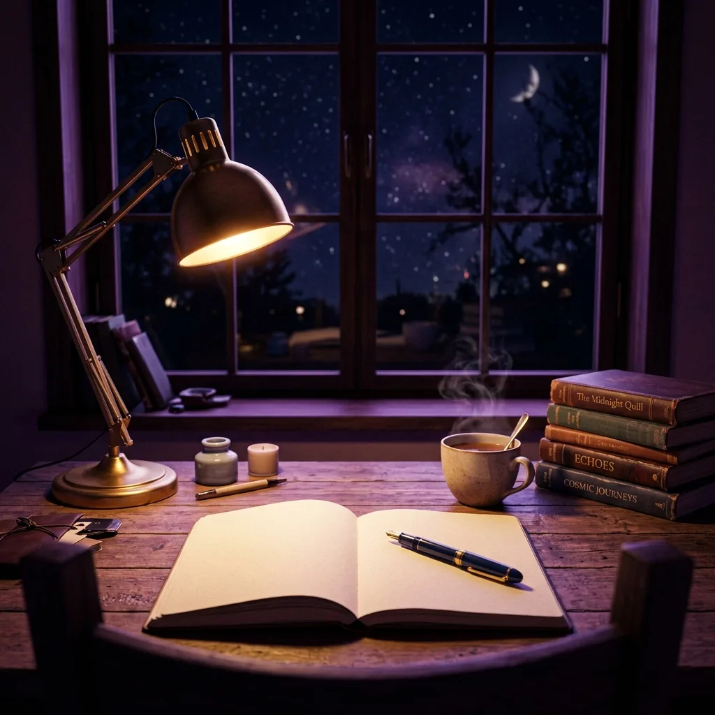 Escritorio de madera de noche con un cuaderno abierto y una pluma bajo la luz cálida de un flexo