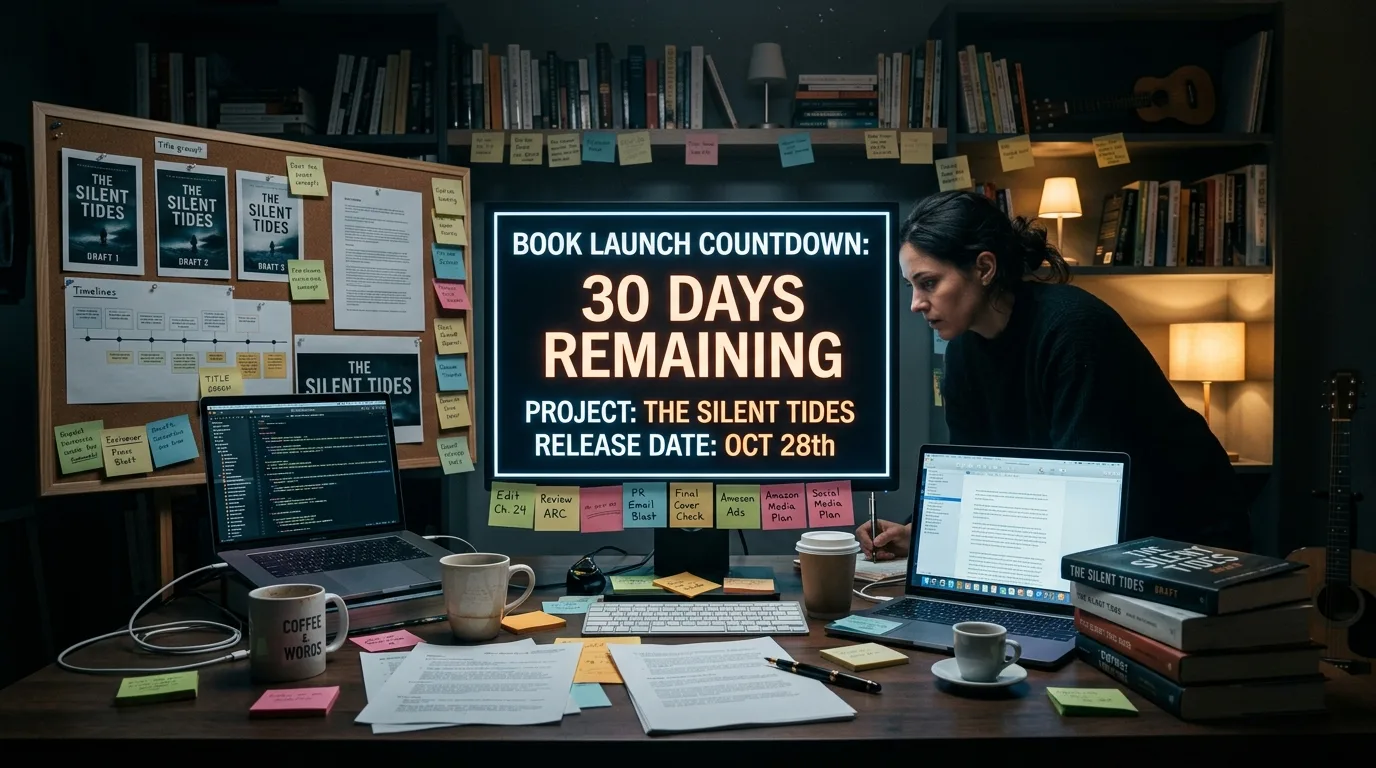 Illustration conceptuelle d'un calendrier de compte à rebours de 30 jours à côté d'un livre qui décolle vers son lancement, sur un fond violet sombre
