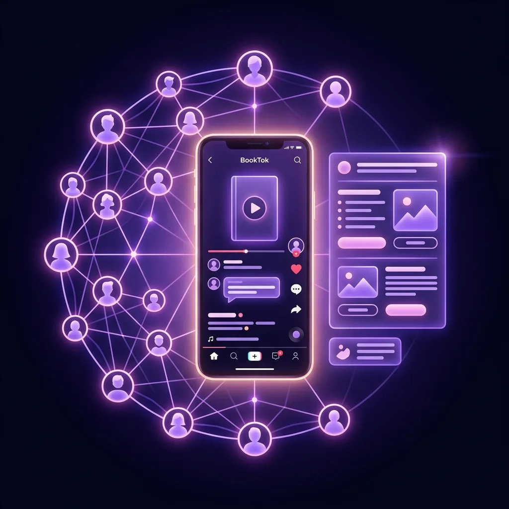 Illustration eines Autors, der seine organische Präsenz aufbaut: Telefon mit BookTok-Video, Notizbuch für den Newsletter und eine Leser-Community im Kreis, in Violett-Tönen auf dunklem Hintergrund