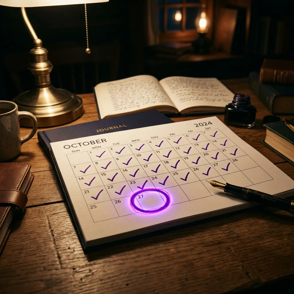 Un calendario con una cadena de marcas diarias consecutivas que se acerca a la meta final, símbolo de la constancia en la escritura de una novela, en tonos violeta nocturno