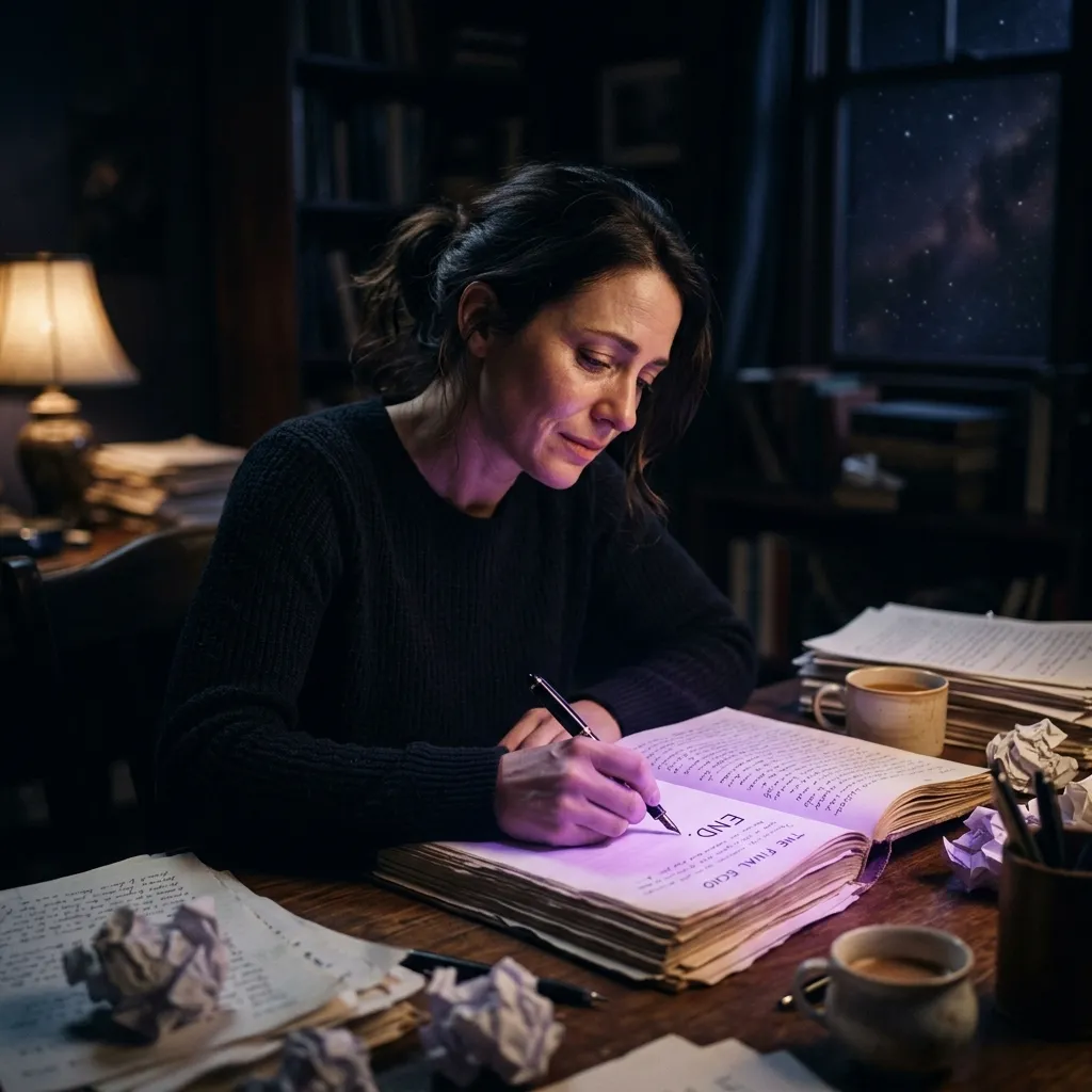 Escritor solitario ante su mesa de noche que por fin escribe la palabra FIN en su manuscrito, con una luz violeta que emerge de las páginas terminadas