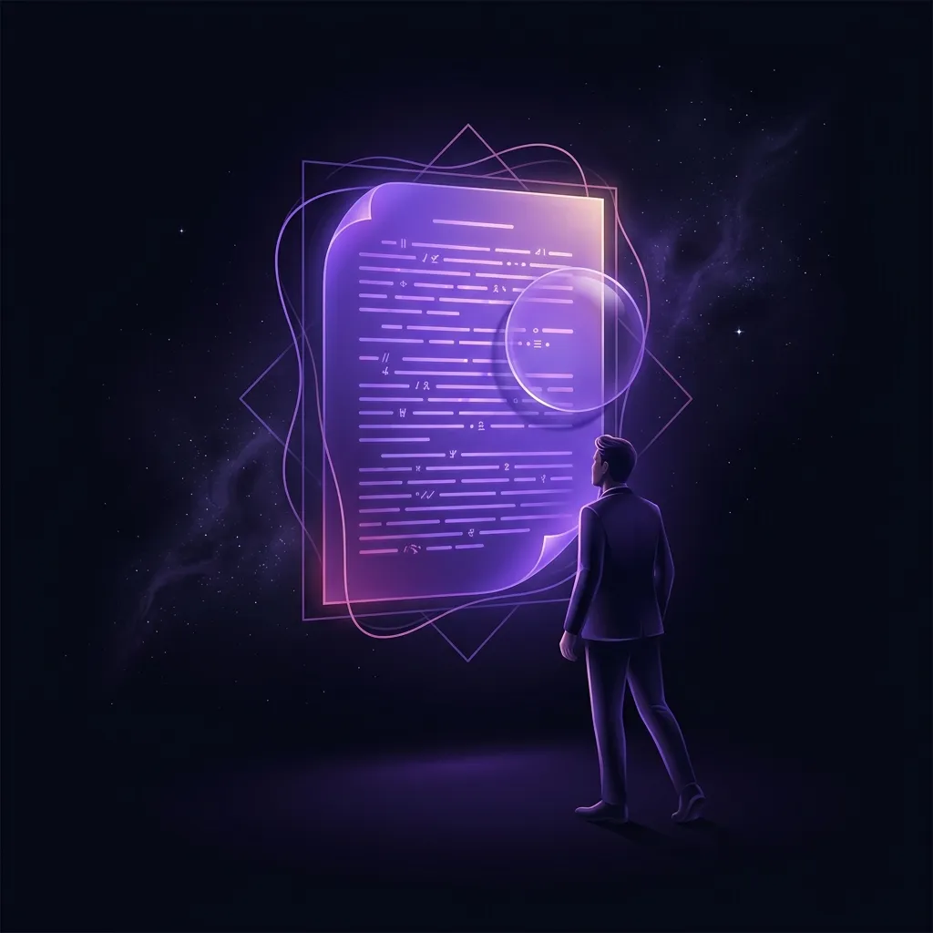 A writer stepping back from a floating manuscript to review it with fresh eyes — self-editing