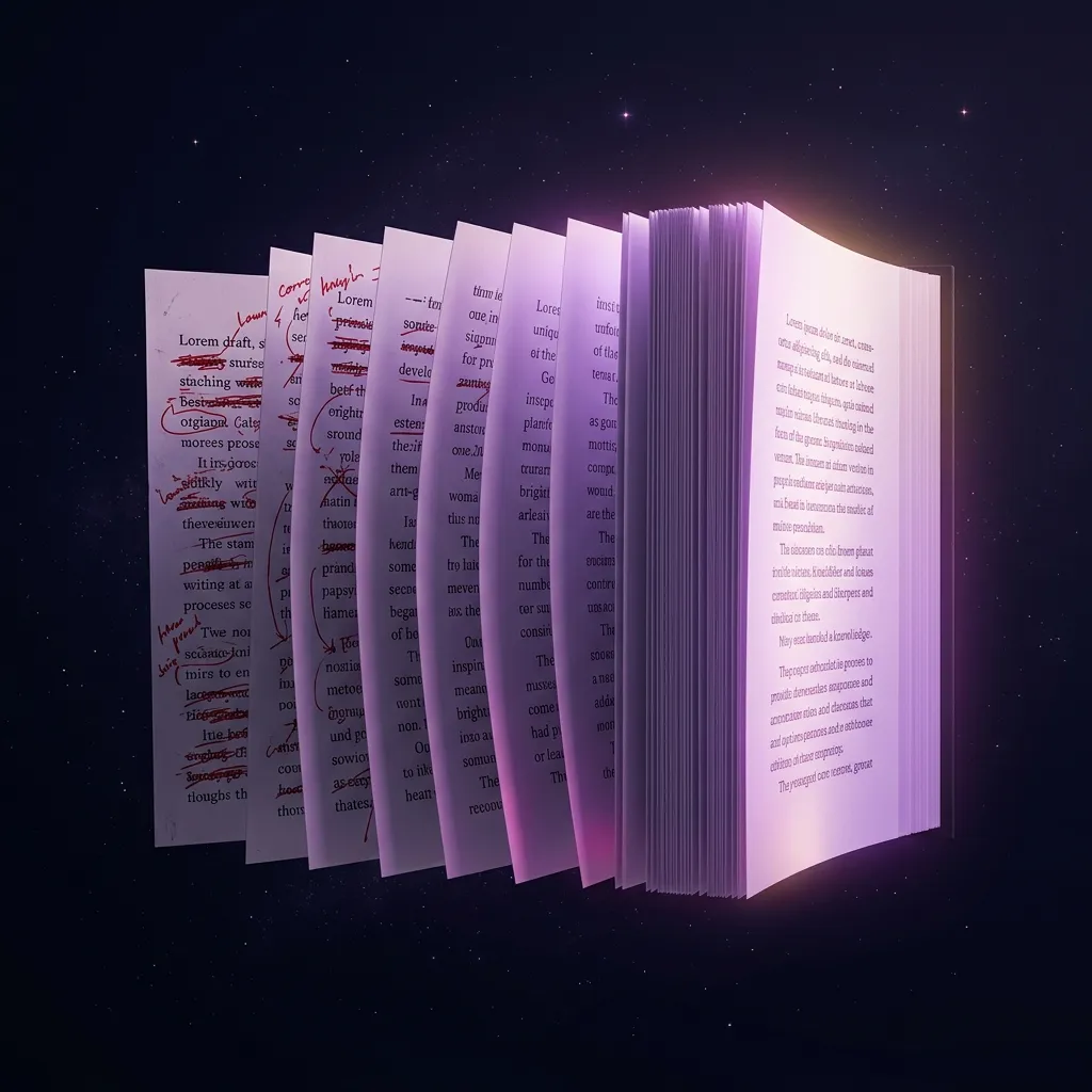 Manuscript pages with red marks transforming into clean, polished text — how to self-edit your novel