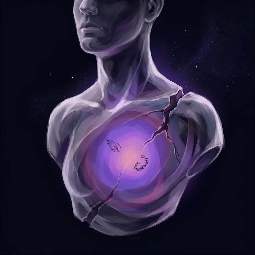 Torso de una figura translúcida con el pecho abierto y un núcleo luminoso que muestra símbolos de libertad y cadenas, representando el deseo y la herida interior de un personaje