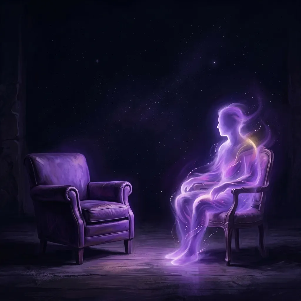 Dos sillones enfrentados en una sala oscura; en uno se sienta la figura luminosa y espectral de un personaje, como en una entrevista