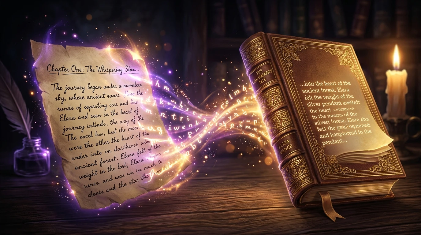 Escritorio de escritor con capítulos de manuscrito apilados en montones de distintos tamaños