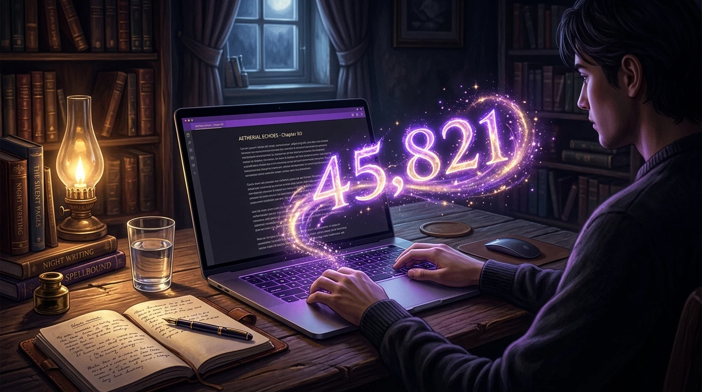 Manuscrito de novela junto a un contador de palabras luminoso en tonos violeta