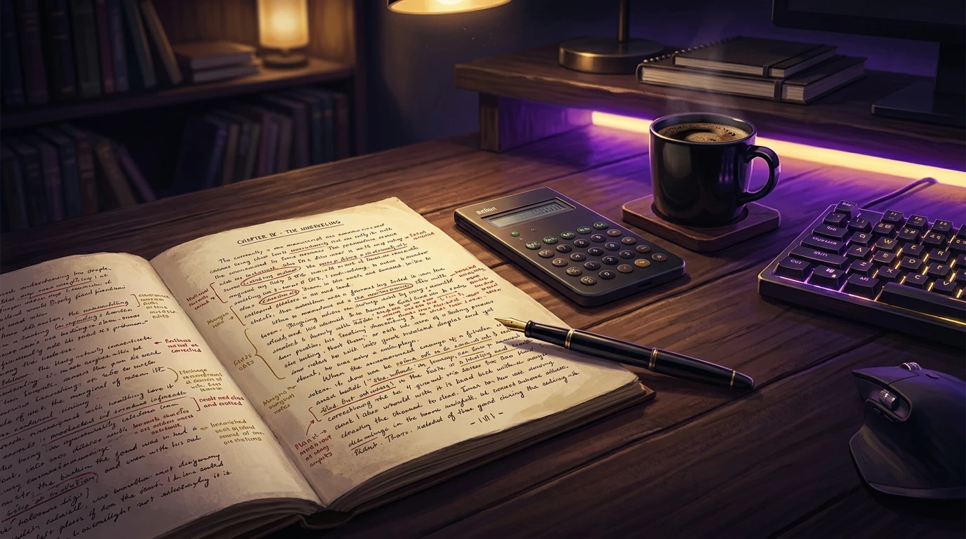 Manuscrito de novela con anotaciones de corrección en rojo junto a una calculadora y una taza de café, bajo una luz violeta