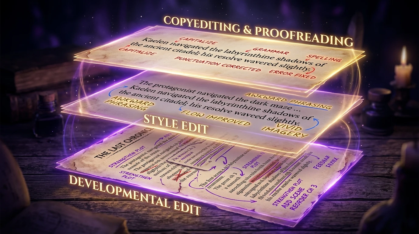 Los cuatro niveles de corrección de una novela representados como capas superpuestas: desarrollo, estilo, ortotipografía y galeradas