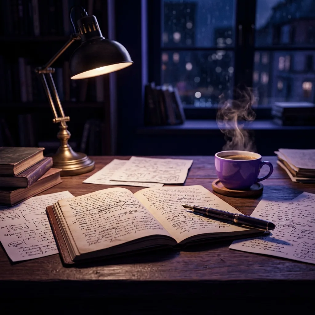 Ein Schreibtisch mit aufgeschlagenen Notizbüchern, Notizen und einer Kaffeetasse — Symbol für die tägliche Schreibpraxis zur Entwicklung der eigenen Schreibstimme